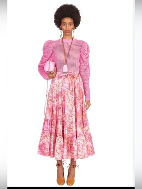 Ulla Johnson Pink Floral Tiered Maxi Skirt with Drawstring